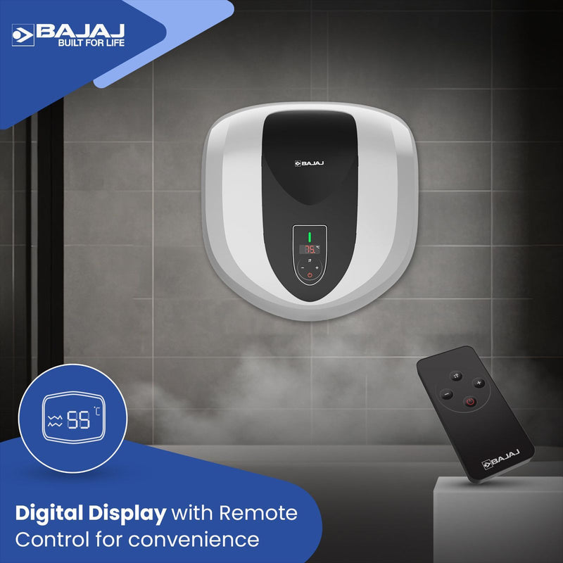 BAJAJ Eternal Pentacle Digi 15 Litre 5 Star Vertical Storage Geyser with Swirlflow Technology (White & Black)