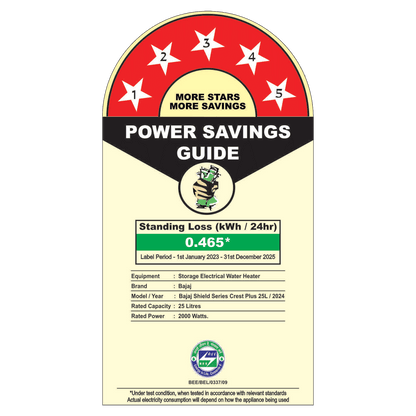 BAJAJ Shield Crest Plus 25 Litre 5 Star Vertical Storage Geyser with Swirlflow Technology (White & Grey)