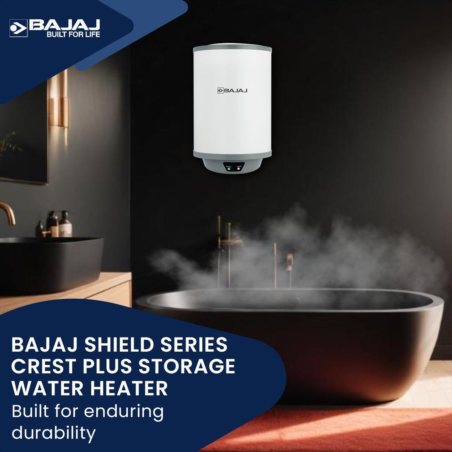 BAJAJ Shield Crest Plus 25 Litre 5 Star Vertical Storage Geyser with Swirlflow Technology (White & Grey)