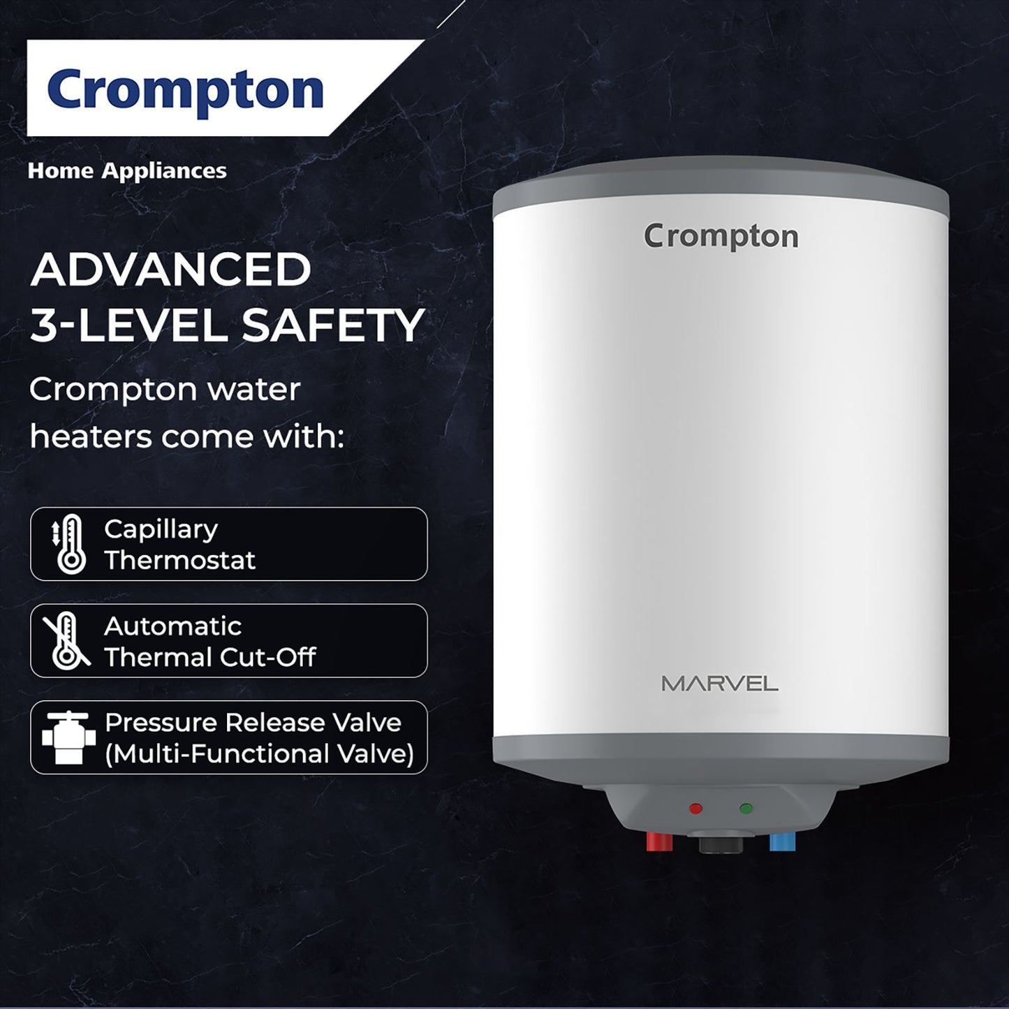 Crompton Marvel 6 Litre Vertical Storage Geyser with Anti-Scale Technology (White)