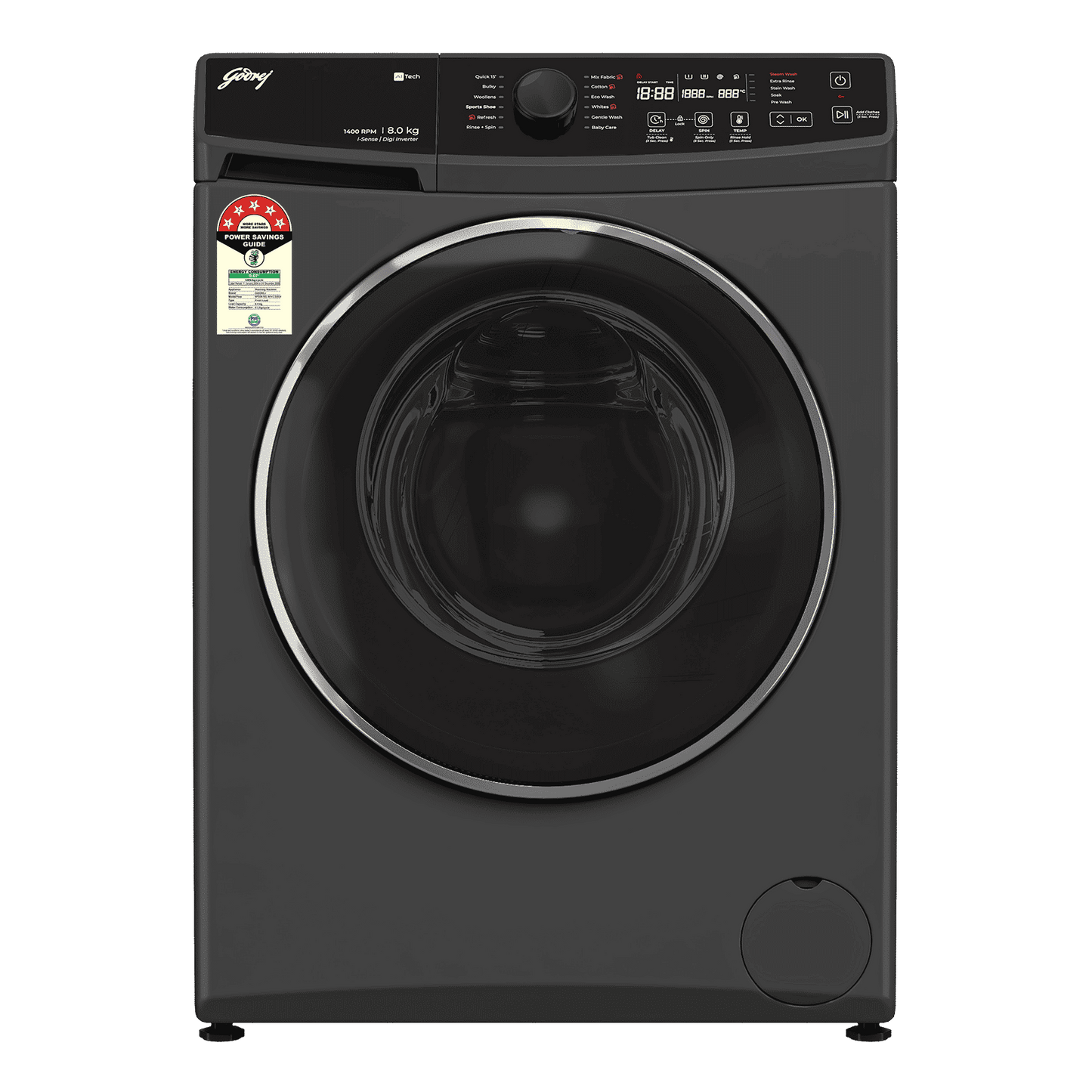 Godrej 8 kg 5 Star Fully Automatic Front Load Washing Machine (Regalis, Zero Pressure Technology, Metallic Black)