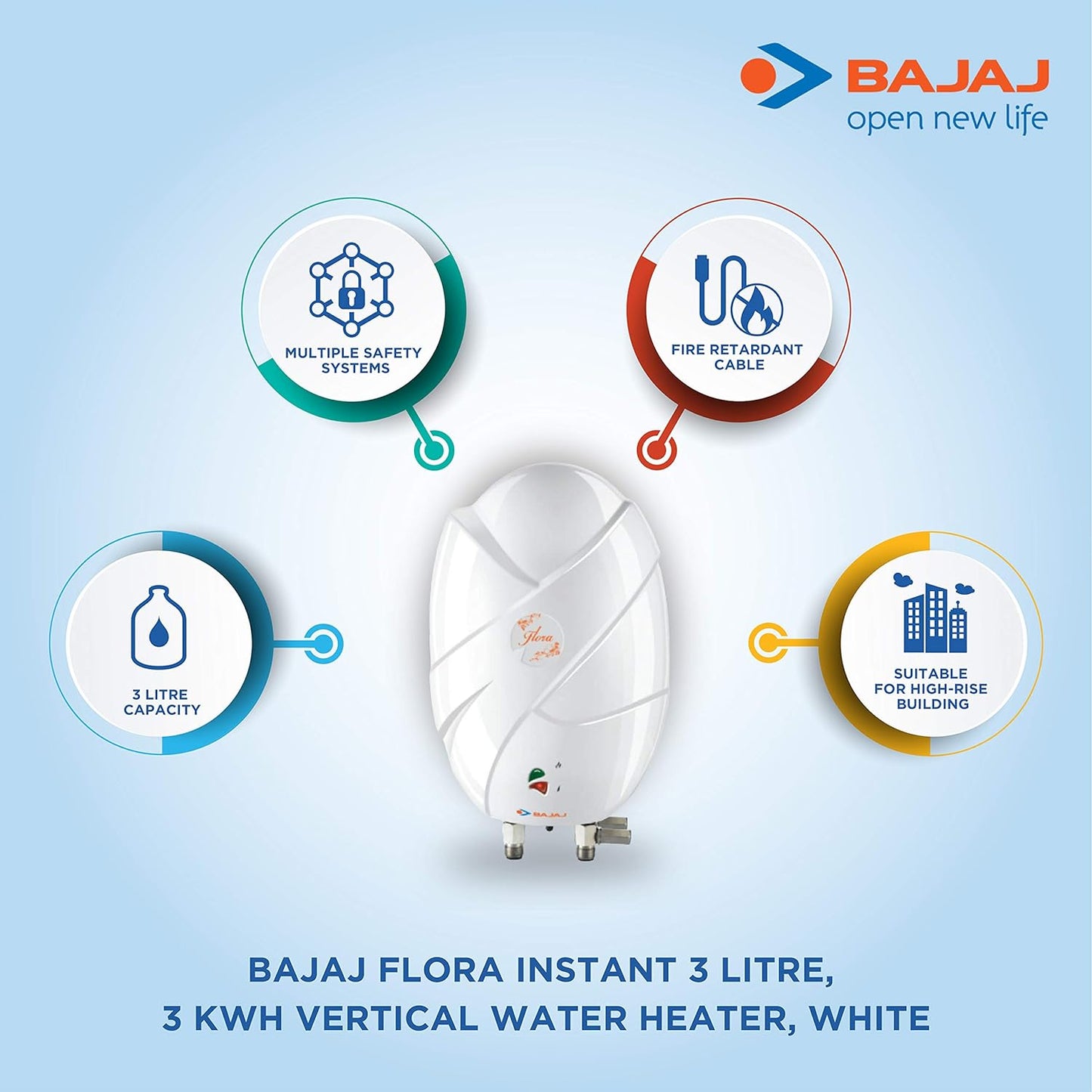 BAJAJ Flora 3 Litre 4 Star Vertical Instant Geyser with Swirl Flow Technology (White)