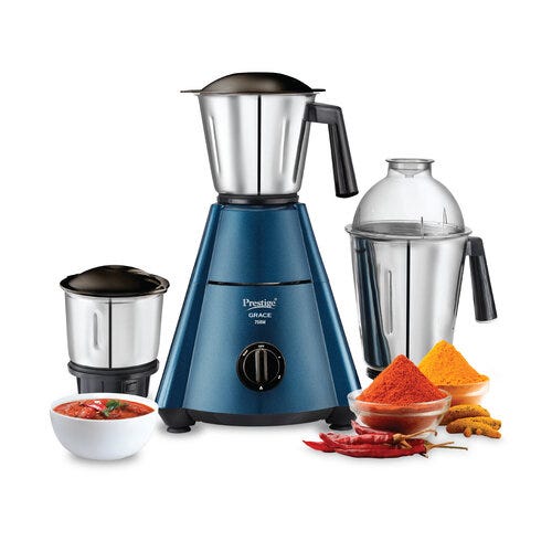 Prestige 750 Watts Grace Mixer Grinder with 3 Stainless Steel Jars|3 Super Efficient Blades|Sturdy Handles|Dome Shaped Lid|Blue & Black