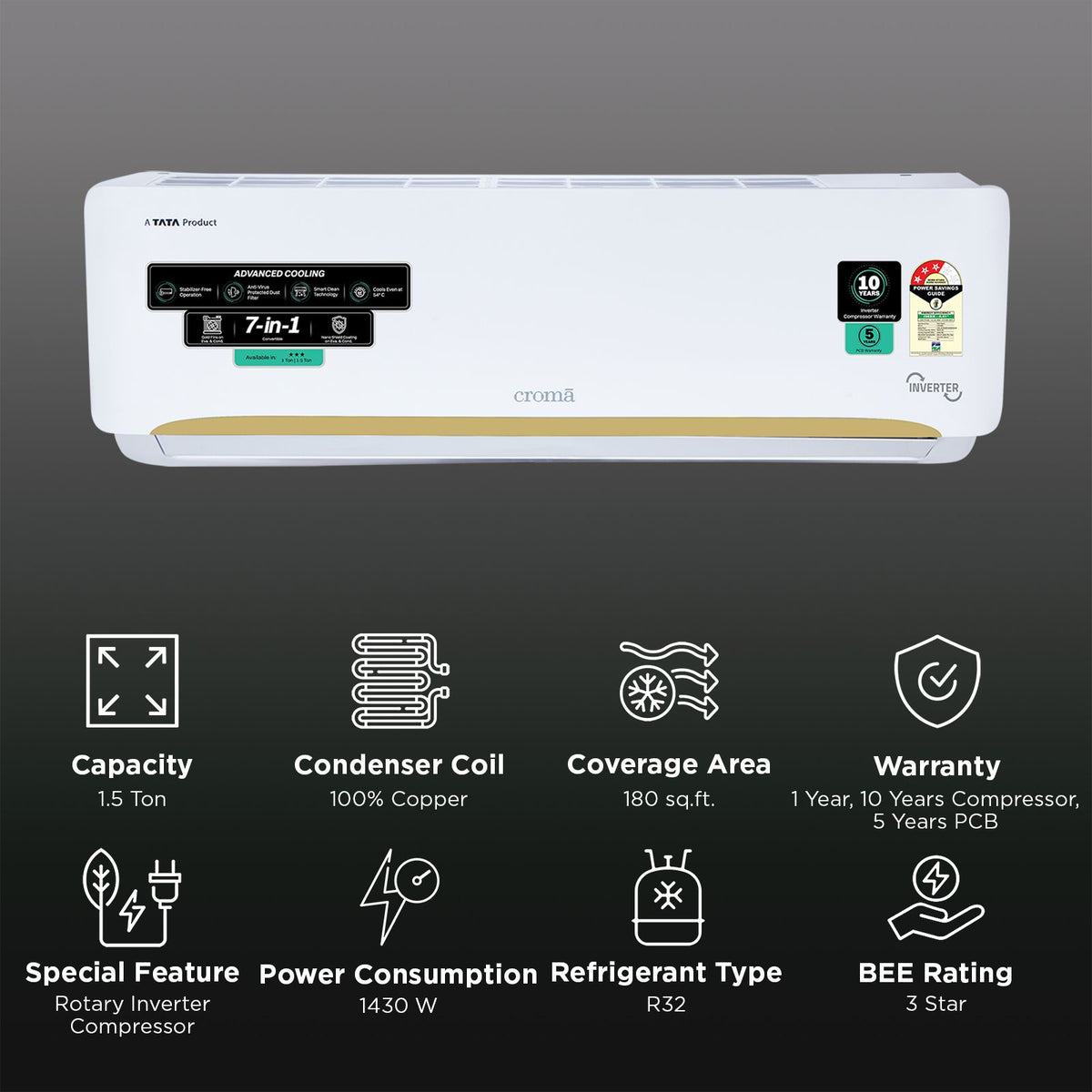 Croma 7 in 1 Convertible 1.5 Ton 3 Star Inverter Split AC CRLA018IND342404