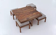 Vesta Beige 4 Stool Coffee Table Teak in Wooden Center Coffee Table with 4 Stools for Living Room | 4 Seater Ce