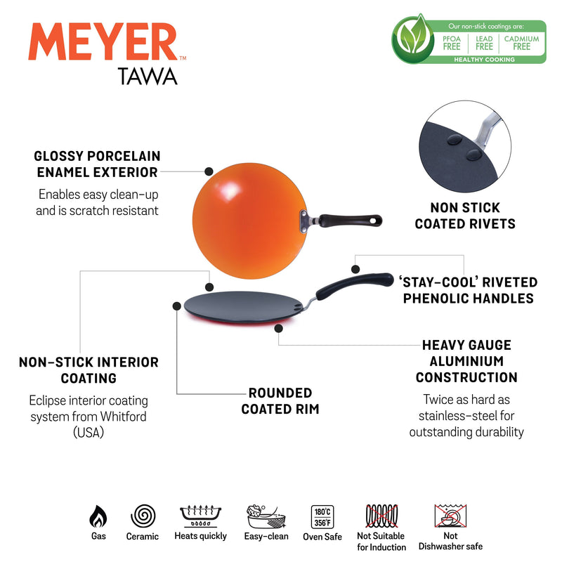 Meyer Premium Non-Stick Curved Roti Tawa, 26cm, Orange (5mm thick)