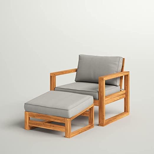 Solid Sheesham Wood Sofa Chair with Footstool Ottoman for Hall | Living Room | Bedroom | Home Grey Cushion Fini