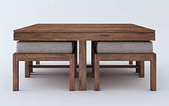 Vesta Beige 4 Stool Coffee Table Teak in Wooden Center Coffee Table with 4 Stools for Living Room | 4 Seater Ce
