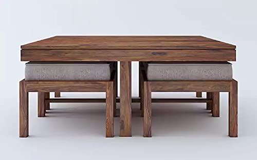 Vesta Beige 4 Stool Coffee Table Teak in Wooden Center Coffee Table with 4 Stools for Living Room | 4 Seater Ce
