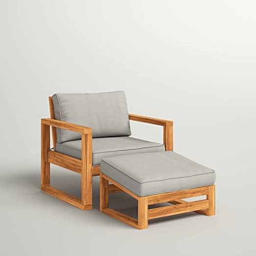 Solid Sheesham Wood Sofa Chair with Footstool Ottoman for Hall | Living Room | Bedroom | Home Grey Cushion Fini
