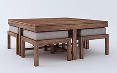 Vesta Beige 4 Stool Coffee Table Teak in Wooden Center Coffee Table with 4 Stools for Living Room | 4 Seater Ce