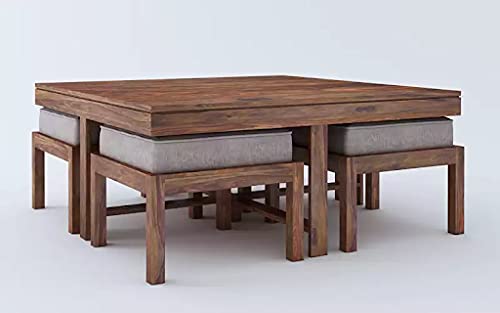 Vesta Beige 4 Stool Coffee Table Teak in Wooden Center Coffee Table with 4 Stools for Living Room | 4 Seater Ce