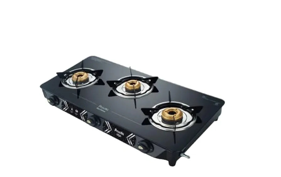 Preethi Alya 3 Burner Glass Top Gas Stove | 5-Year Warranty on Glass & Burners | ISI Certified |