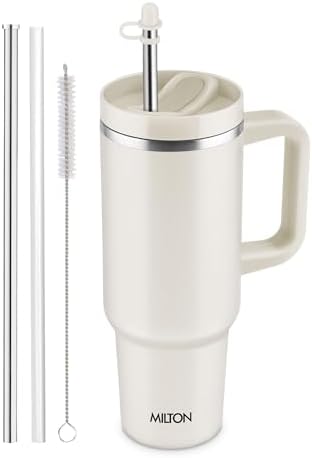 MILTON Malmo 1200 Thermosteel Double Wall Vacuum Insulated Stainless Steel Water Tumbler with Handle 1100ml,Travel Mug with Straw,Silicon Cap,Cleaning Brush,Hot & Cold Beverage Flask, Cream