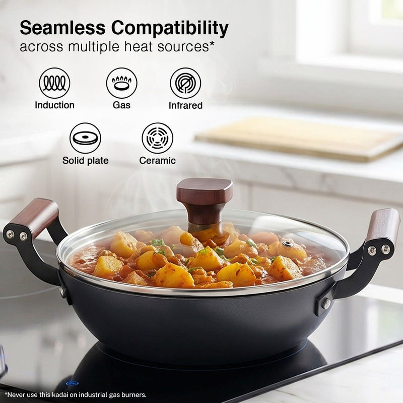 Prestige Castlite Patterned Enamel Coated Cast Iron Fry Pan 20cm/0.9L + Prestige Castlite Patterned Enamel Coated Cast Iron Kadai 24cm/2.4L with Glass Lid, Rust-Proof, Gas & Induction, 15Y Warranty