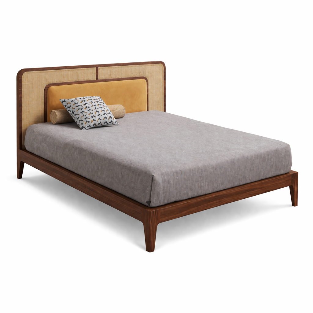 Mid-Century Wooden Bed with Cane & Upholstered Headboard