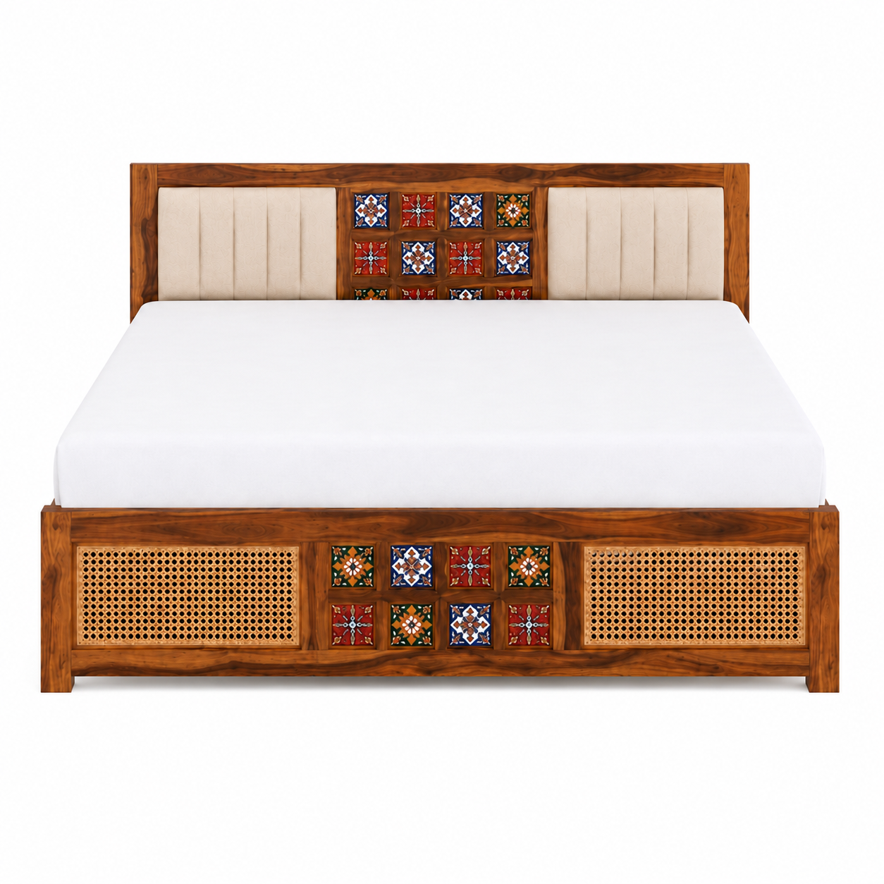 Premium Sheesham Wood Upholstered Bed with Handcrafted Ceramic Tile & Cane Panels