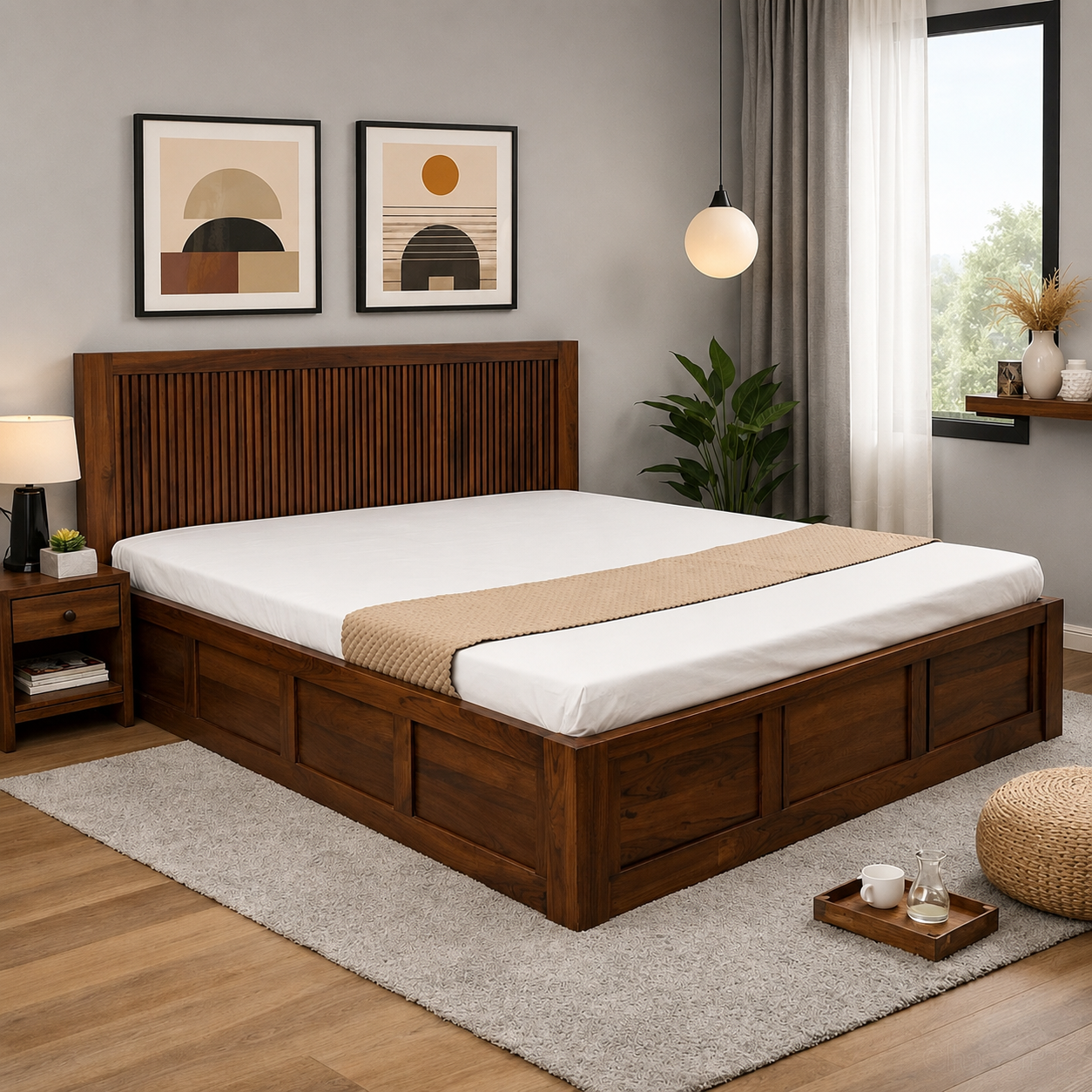 Premium Sheesham Wood Box Storage Bed with Slatted Headboard