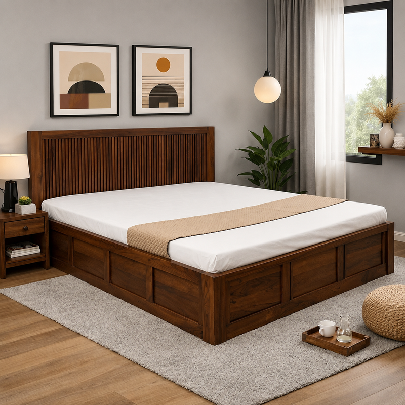 Premium Sheesham Wood Box Storage Bed with Slatted Headboard