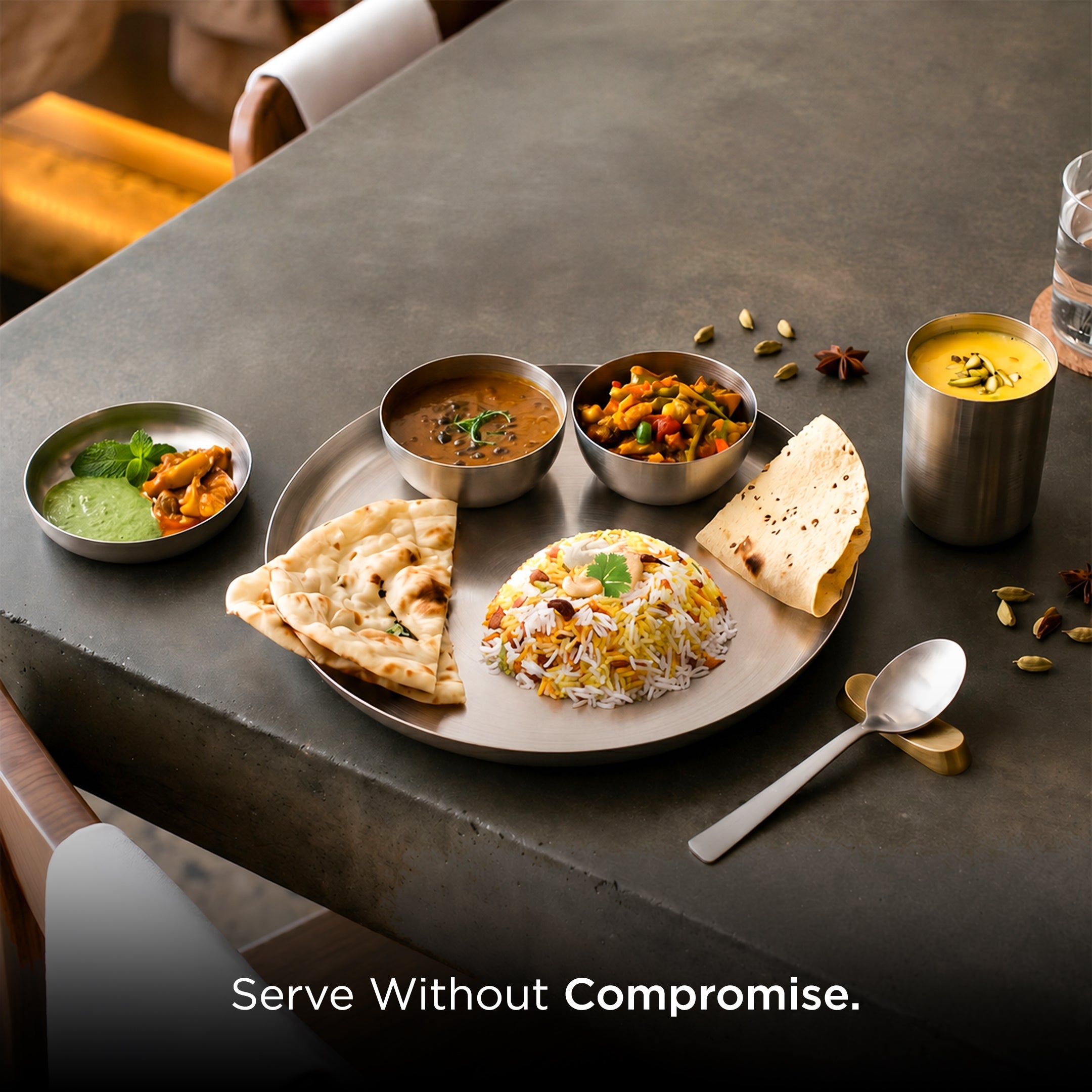 36-Piece Stainless Steel Solid Dinner Set • Matte Finish • Serves 6 (स्टील का डिनर सेट)