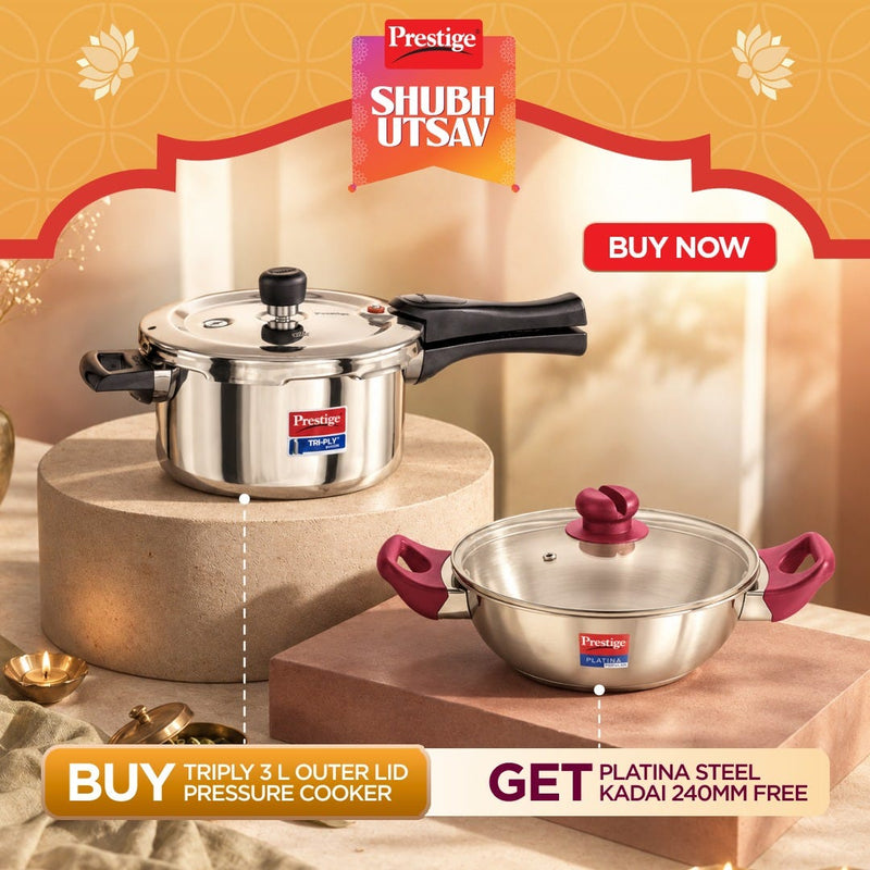 Prestige 3 Litre TRIPLY Svachh Outer Lid Pressure Cooker, Deep Lid Spillage Control, Gas & Induction + Prestige Platina Popular Stainless Steel Impact Forged Bottom Kadai with Glass Lid, 24cm, 2.8 L
