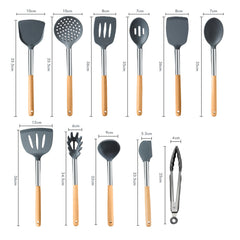 11 PCS Silicon Kitchen Tool Set with Wooden Handle