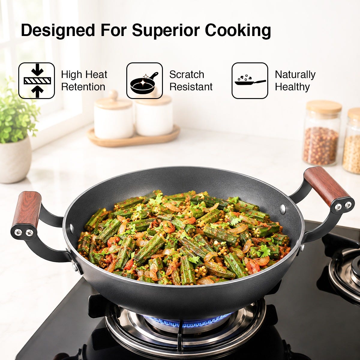 Prestige Castlite Nitride Cast Iron Fry Pan 20cm/0.9L, Rust-Proof, Chemical-Free + Prestige Castlite Lightweight Cast Iron Kadai 24cm/2.4L with Glass Lid, Enamel Coated, Gas & Induction, 15Y Warranty