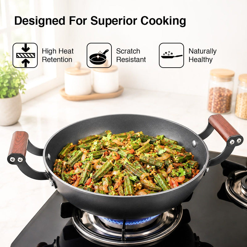 Prestige Castlite Nitride Cast Iron Fry Pan 20cm/0.9L, Rust-Proof, Chemical-Free + Prestige Castlite Lightweight Cast Iron Kadai 24cm/2.4L with Glass Lid, Enamel Coated, Gas & Induction, 15Y Warranty