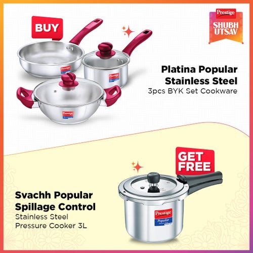 Prestige Platina Popular Stainless Steel 3 Pc BYK Cookware Set (Fry Pan 22 cm (1.9 L), Sauce Pan 16 cm (1.5L) & Kadai 22 cm Dia (2.25 L) with Popular Svachh Spillage Control SS Pressure Cooker, 3 L