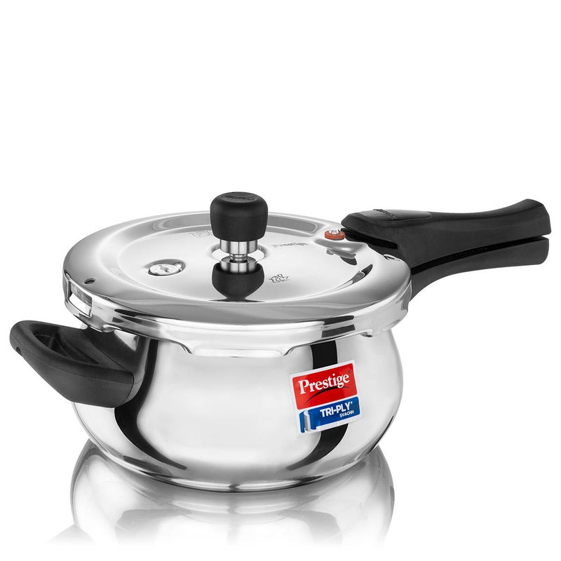 PRESTIGE SVACHH TRI-PLY HANDI PRESSURE COOKER 3 LITRE, Prestige Platina Popular Stainless Steel Unique Impact Forged Bottom Kadai with Toughened Glass Lid, 24cm (2.8 L) (Silver)