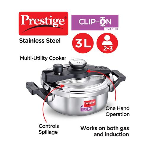 Prestige Clip-on Svachh Stainless Steel Spillage Control Pressure Cooker with Glass Lid, 3 L (Silver)