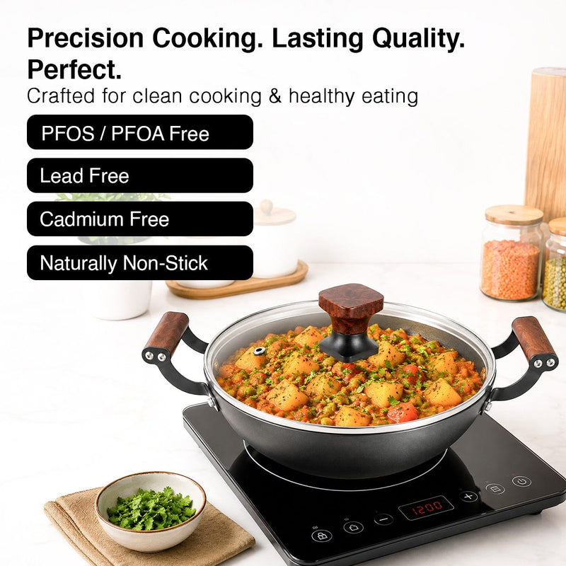 Prestige Castlite Nitride Cast Iron Fry Pan 20cm/0.9L, Rust-Proof, Chemical-Free + Prestige Castlite Lightweight Cast Iron Kadai 24cm/2.4L with Glass Lid, Enamel Coated, Gas & Induction, 15Y Warranty