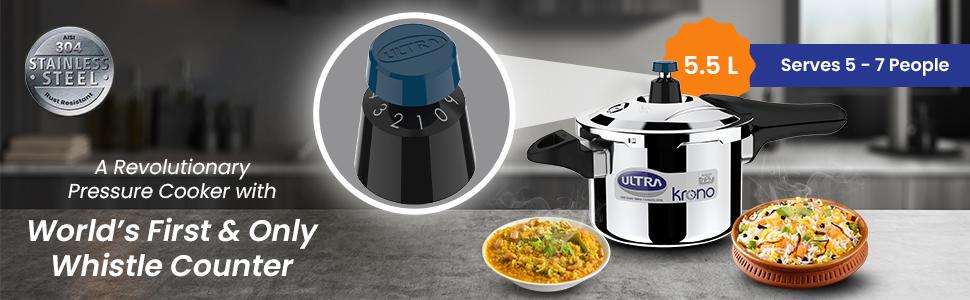 Ultra Triply Krono Pressure Cooker 5.5 Litre | Whistle Counter | Spillage Control | AISI 304 Food Grade Stainless Steel Cooker | 5 Years Warranty | 1.2 MM Lid Thickness | Induction Compatible