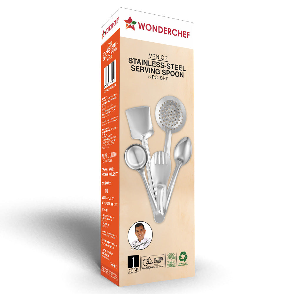 Wonderchef Venice 5 Pcs. Stainless-steel Kitchen Tools Set, Ladle, Turner, Skimmer, Serving Spoon, Rice Server for Cooki