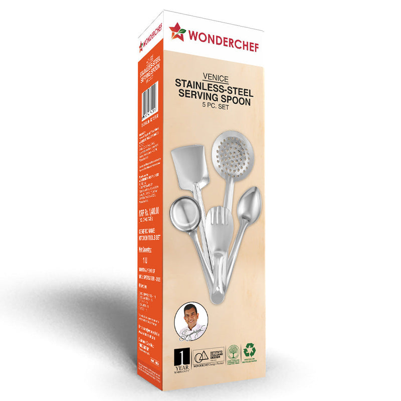 Wonderchef Venice 5 Pcs. Stainless-steel Kitchen Tools Set, Ladle, Turner, Skimmer, Serving Spoon, Rice Server for Cooki