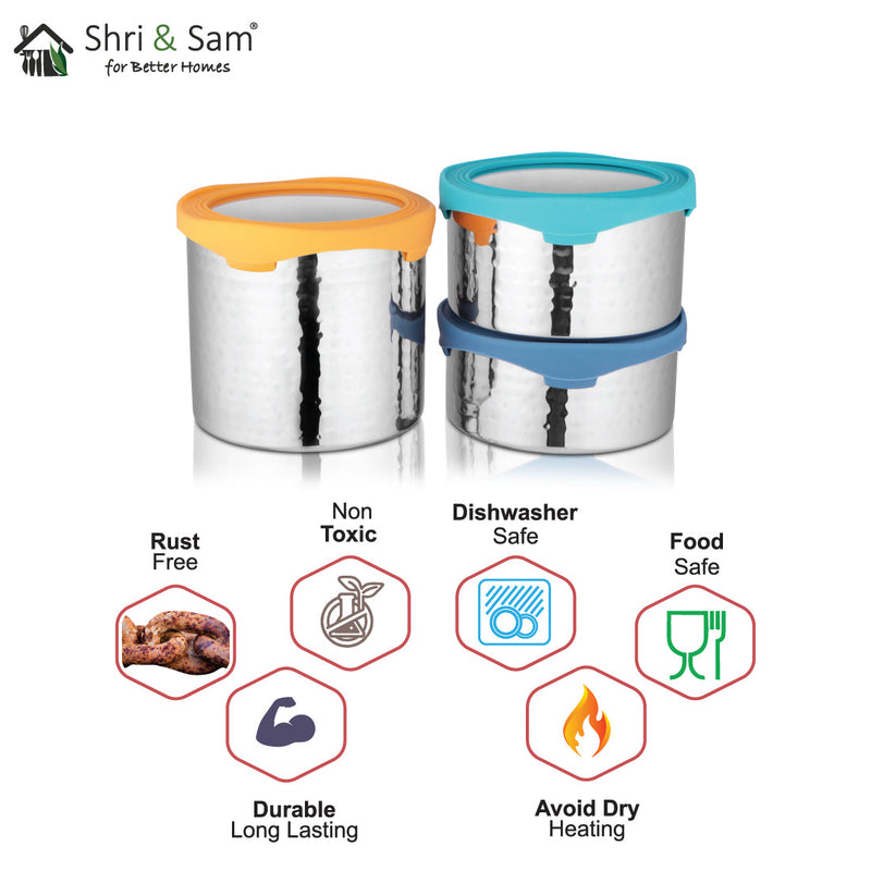 Stainless Steel 3 PCS Hammered Canister with Air Tight Lid Lock N Roll