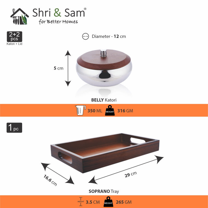 Stainless Steel 2 PCS Bowl with Wooden Tray and Lid Soprano
