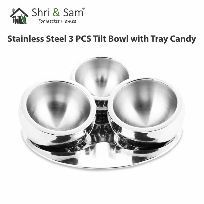 Stainless Steel 3 PCS Tilt Bowl with Tray Candy