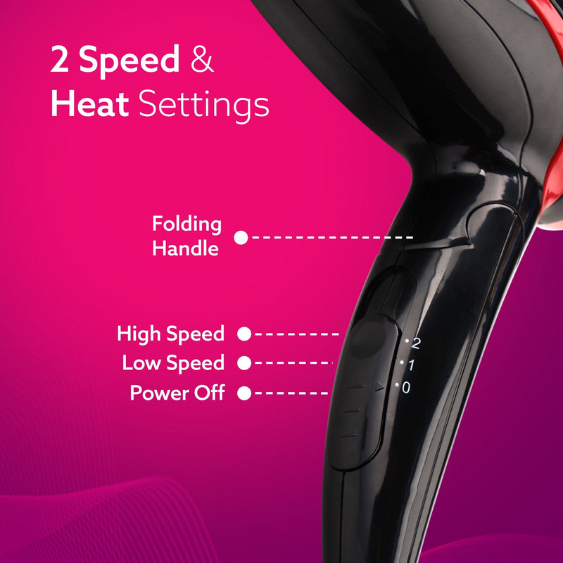 AGARO HD1177 Hair Dryer with 1000 Watts Copper Motor, 2 Speed & Temperature Settings, Foldable Handle, For both Men & Women, Black & Red-3