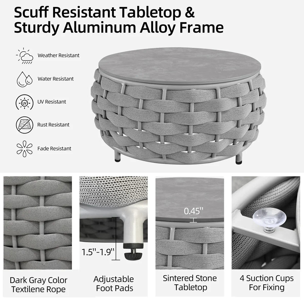 Fiae Outdoor Patio Seating Set 2 Chairs and 1 Table Set (Light Grey) Braided & Rope