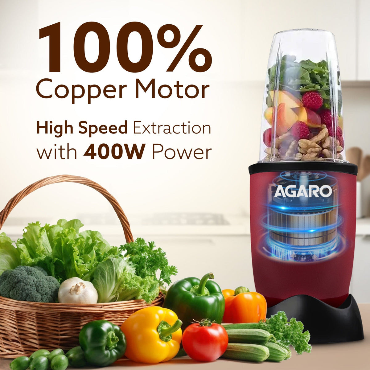 AGARO Regal Nutri Blender with 3 Jars, 400 Watts Personal Blender with 100% Copper Motor