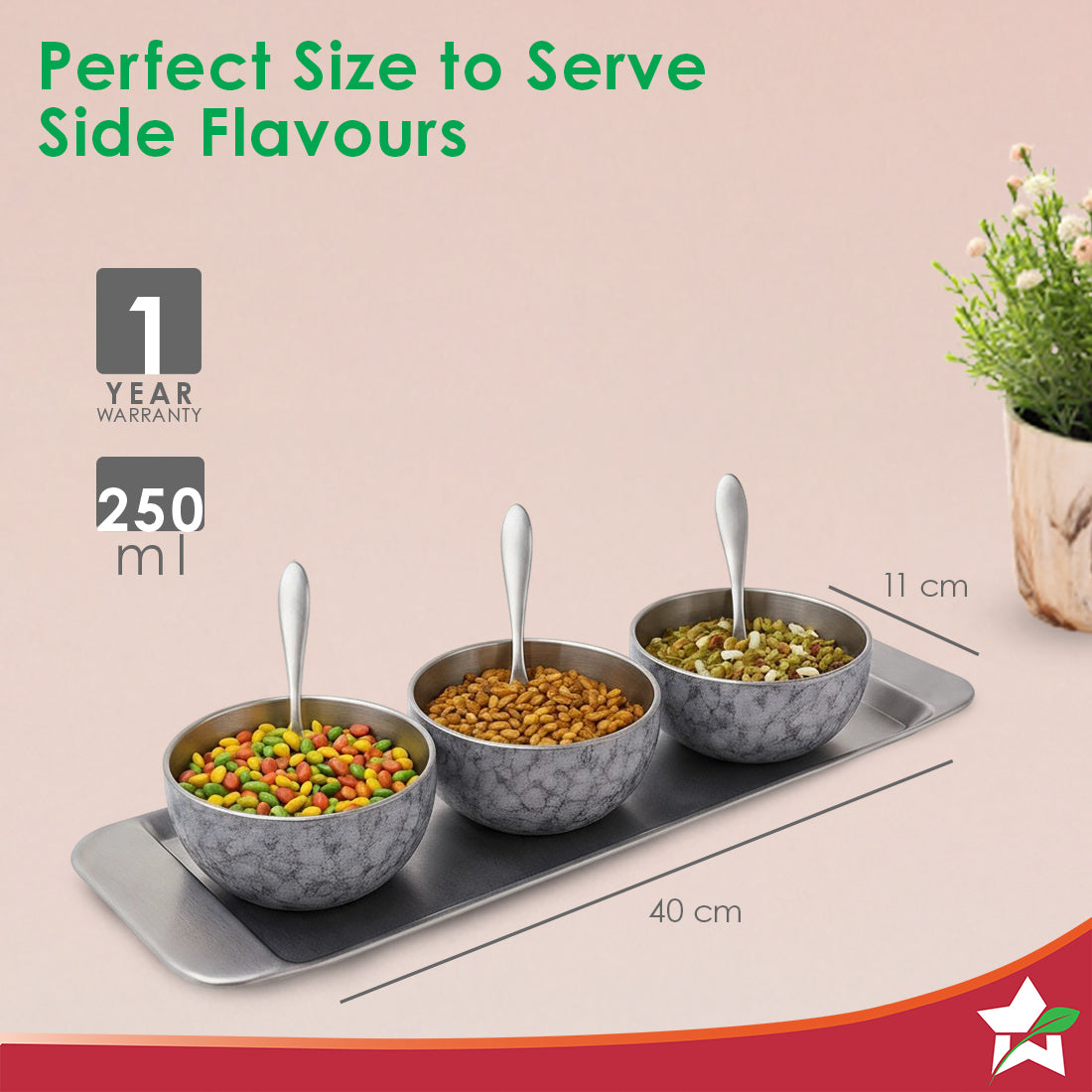 Wonderchef Modena Stainless-steel 7 Pc. Condiment Set, 3 Bowls, 3 Spoons, 1 Tray, Serve Dry Snacks, Chutneys, Dry Fruits