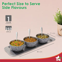 Wonderchef Modena Stainless-steel 7 Pc. Condiment Set, 3 Bowls, 3 Spoons, 1 Tray, Serve Dry Snacks, Chutneys, Dry Fruits