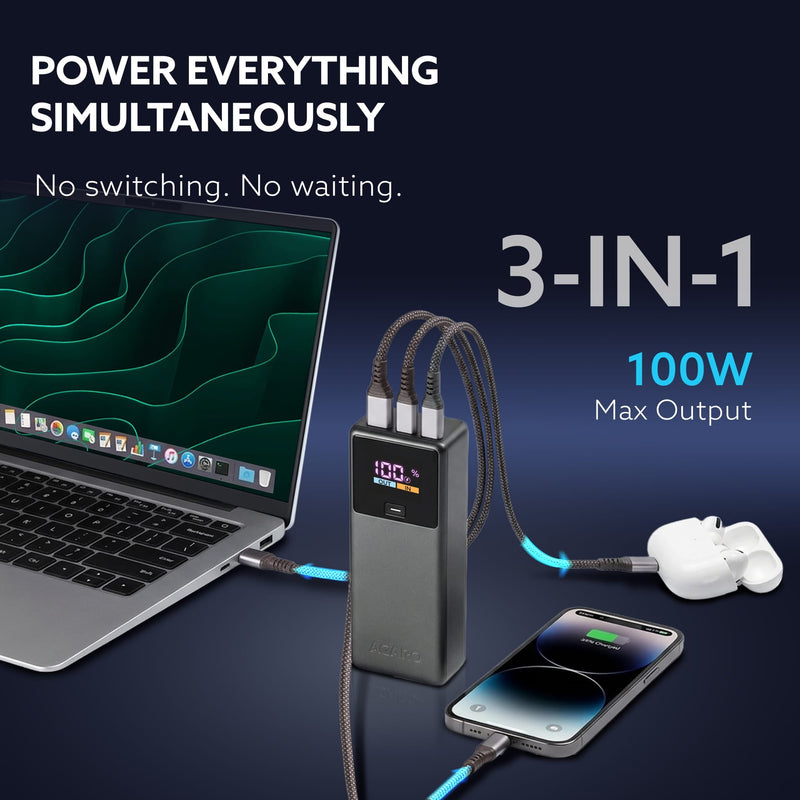AGARO Impulse Power Bank 20000 mAh 100W 3-in-1 Power Bank with 100W PD & 33W QC Output, Fast Charge up to 3 Devices simultaneously, Compatible with Laptop, Mobile, Tablet, iPad, Smartwatch, Earbuds-3