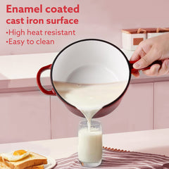 AGARO Royal Enamelled Cast Iron Sauce Pan with Lid, 19 Cm Diameter, 1.9 Liter Capacity, No Chemical Coating, Heavy Botto