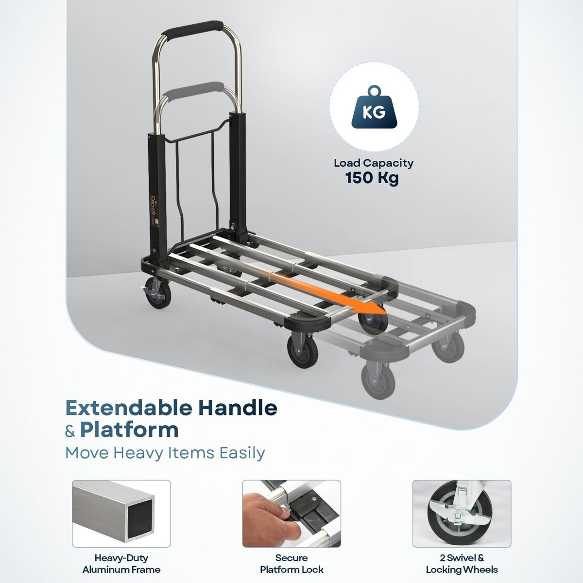 Corvids 150 Kg Portable Aluminium Extendable Hand Platform Trolley with 2-Year Warranty-3