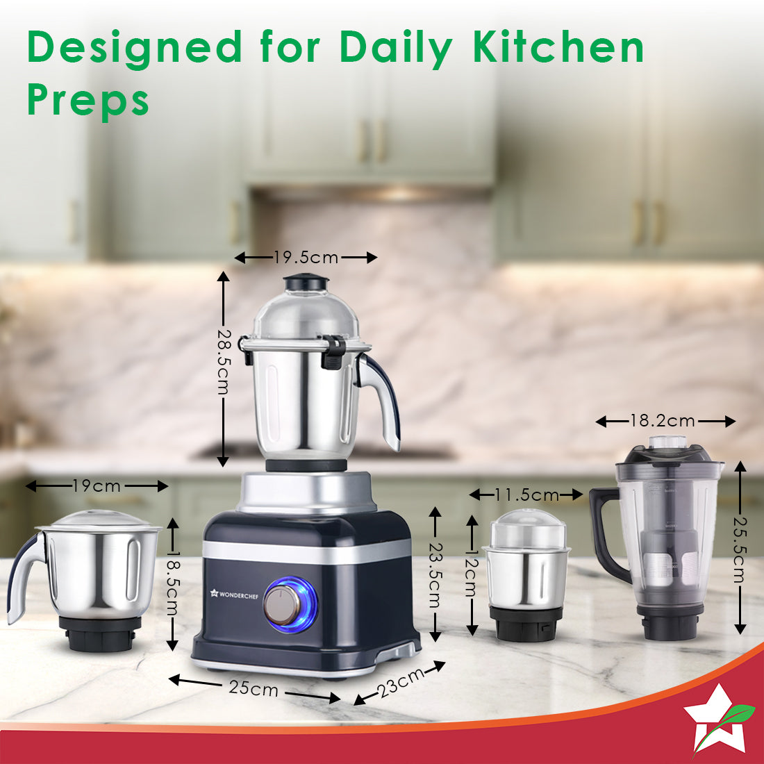 Wonderchef Cube 1000W Mixer Grinder, 4 Jars with Flow Breakers, Special Coarse Blade for Silbatta-style Khada Masala Gri