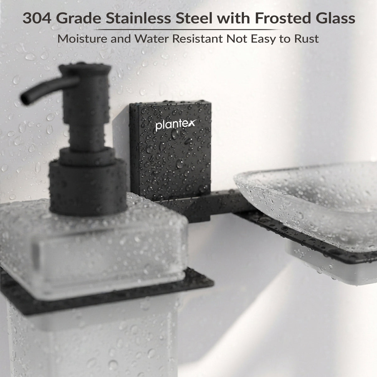 Plantex 304 Grade Stainless Steel Glass Soap Dish with Tumbler Holder/Soap Stand/Bathroom Accessories - Crystal (Black) (Model APS-1516)-3