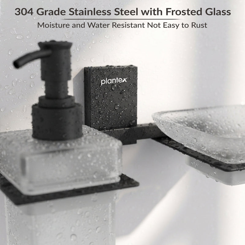 Plantex 304 Grade Stainless Steel Glass Soap Dish with Tumbler Holder/Soap Stand/Bathroom Accessories - Crystal (Black) (Model APS-1516)-3