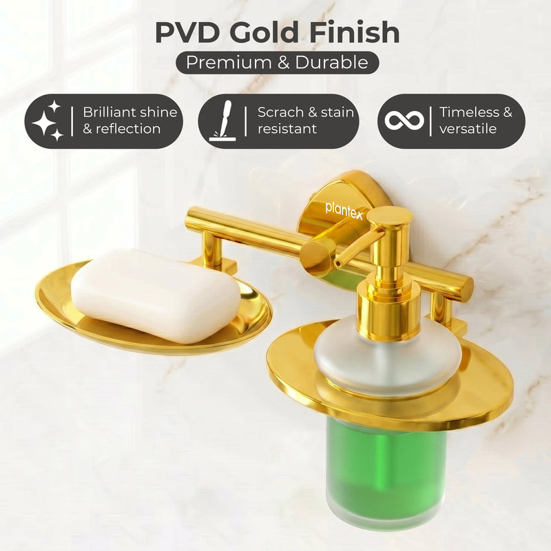 Plantex J4 Stainless Steel Soap Dish with Liquid Dispenser/Soap Stand for Bathroom Wall Mount/Shampoo Dispenser/Bathroom Accessories (PVD Gold Finish) Angel-3